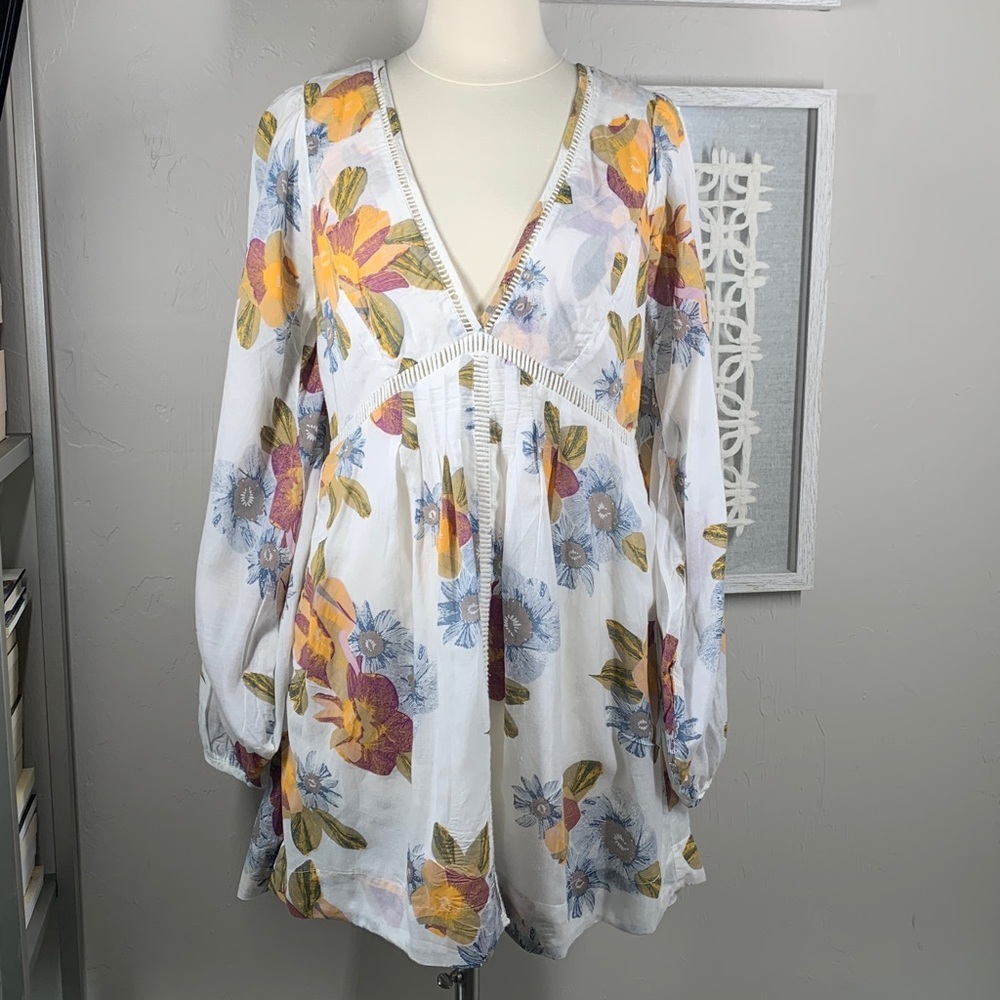 Free People floral puff sleeve boho mini dress with dramatic V-neck
